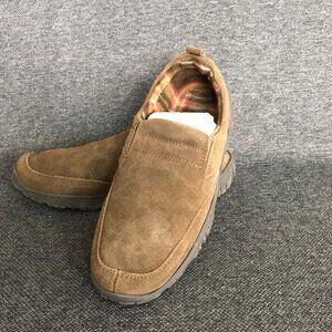 Clarks Baxter Mens Brown Suede Indoor Outdoor Slip On Slippers Plaid Lined 8.5